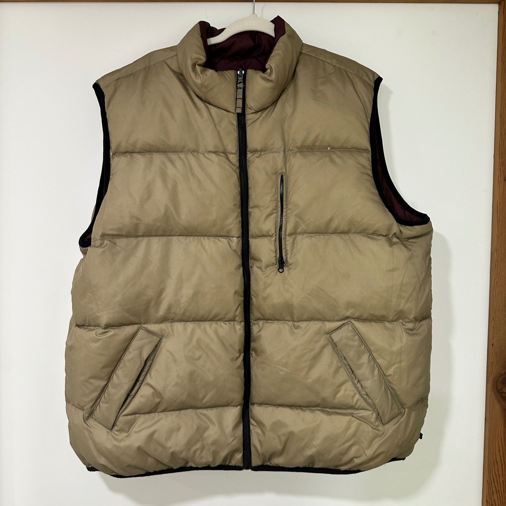 Moose Creek Mens XXL Reversible Down Puffer Vest Tan Burgundy Ripstop Quilted